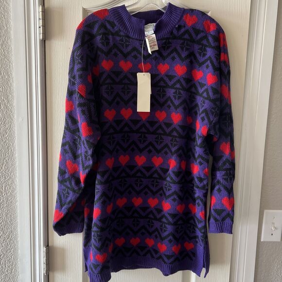 NWT Vintage Objectives Tunic Sweater Purple W Black & Red Hearts NOS Size Large - Picture 2 of 12
